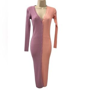 STAUD Small Colorblock Ribbed Knit Button Front Midi Dress Long Sleeve